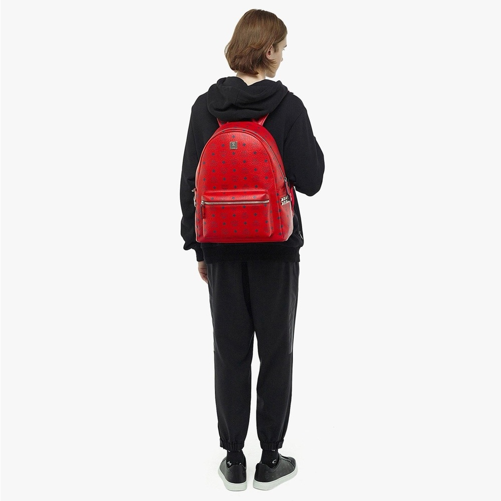MCM Stark Side Studded Red Visatos Monogram Backpack with Leather Trim - Picture 14 of 16
